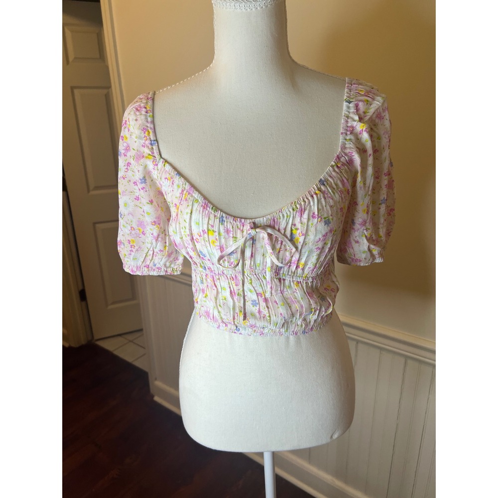 Elodie Floral Puff Sleeve Crop Top Sweetheart Neck Cottagecore Pink White NWT XS - Picture 2 of 8